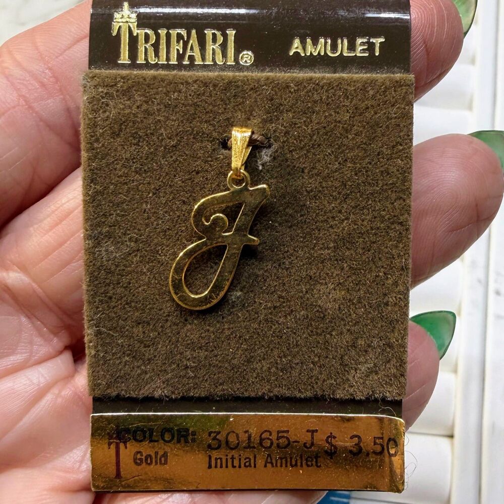 Vtg Crown Trifari "Amulet" Gold-Tone Script Initial "J" Pendant